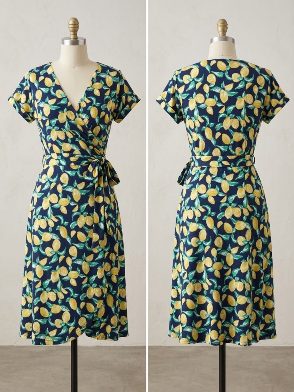 Wrap Dress with Lemon Print - Navy-Size 0P
